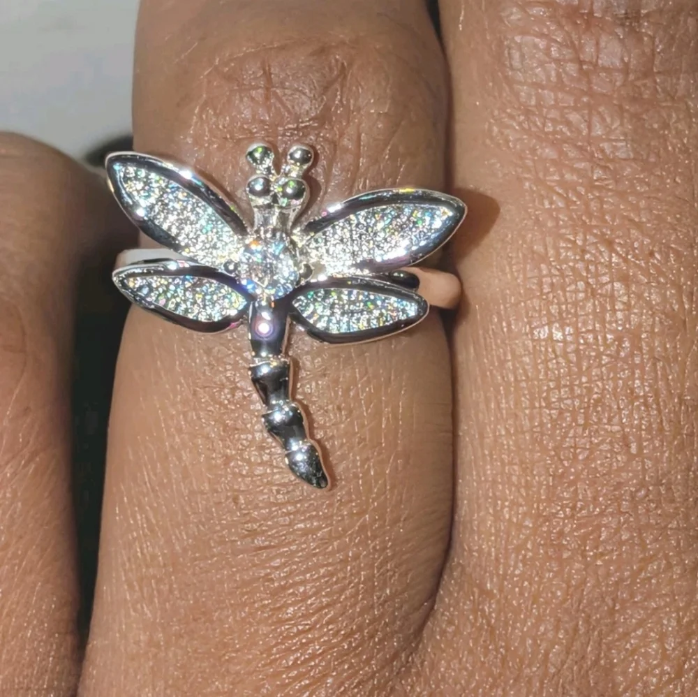 Vintage Women's Quality 925 Sterling Silver CZ Diamond  Dragonfly Ring  Size 5